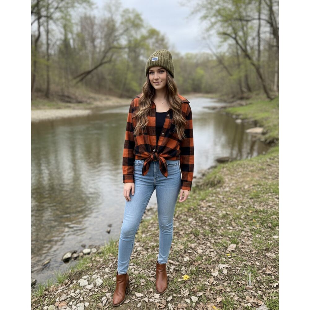 Orange & Black Buffalo‎ Plaid Flannel Shacket with Side Pockets